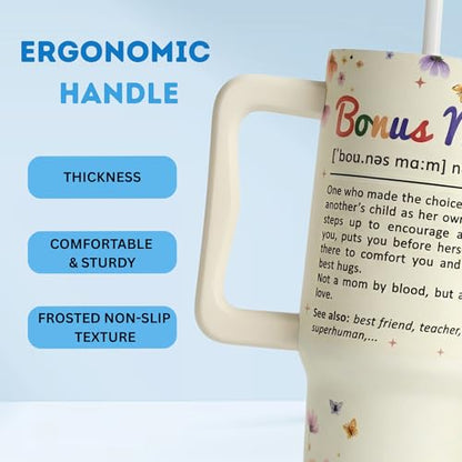 Bonus Mom Gifts 40 Oz Tumbler with Handle and Straw, Bonus Mom Gift with Funny Nutrition Facts Design, Gifts for Step Moms, Birthday Gifts for Bonus Moms from Daughter, Son or Family - color: Bonus Mom