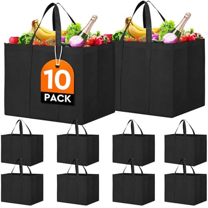 Reusable Grocery Shopping Bags 10 Pack Large Foldable Tote Bags Bulk - color: Black