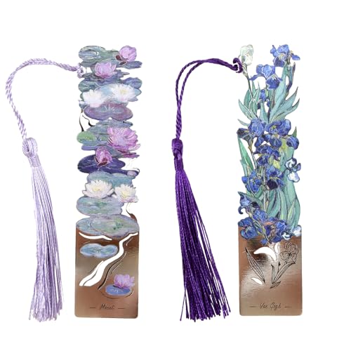 2 Metal Bookmarks with Tassel, Oil Painting Water Lilies and Irises - style: 《Water Lilies》 and 《Irises》
