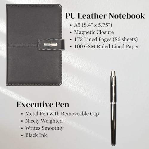 Shadow Breeze A5 Leather Notebook and Executive Pen Gift Set in Premium Gift Box, 172 Pages 100GSM Ruled Pages, Great Gift for Business, School, Home (Black) - color: Black