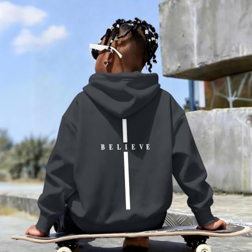 Fkatuzi Christian Graphic Hoodies For Boys Cross Sweatshirt Kids Jesus Hoodie Faith God Religious Bible Verse Believe Tops - color: Deep Gray, size: 13-14 Years