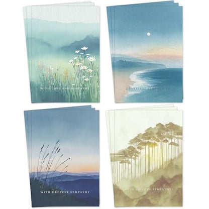 Hat Acrobat 24 Sympathy Cards with Envelopes - 8 Unique Watercolor Landscape Designs (3 of Each) - Condolence Bereavement Cards Bulk with Heartfelt Messages Inside - color: Watercolor Landscape