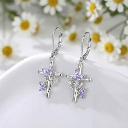 Butterfly Earrings for Women 925 Sterling Silver Birthstone Butterfly Cross Rose Dangle Earrings Elegant Butterfly's Jewelry Gift for Birthday Valentines Day Christmas - color: 6-June