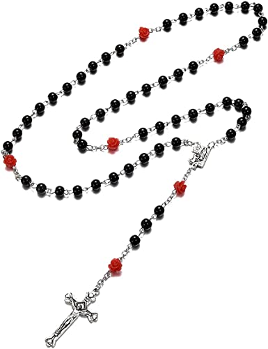 SZQCZB Rosary Beads Catholic Necklace Holy Soil Medal Cross Crucifix with Metal Box and 18pcs Prayer Cards - color: Black
