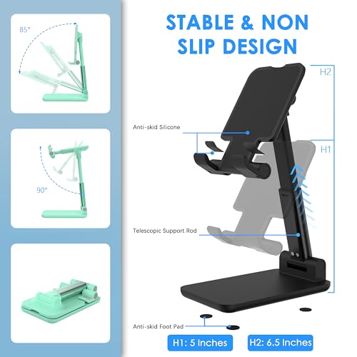 2 Pack Cell Phone Stand for Desk, Adjustable Angle & Height, Foldable Portable Phone Holder with Anti-Slip Silicone Pad, Compatible with iPhone 18/17/16/Smartphones 4–8 Inch, Pink&Green - color: (2 PCs) Black&Green