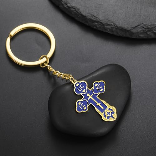 TEAMER Cross Keychain Russian Orthodox Crucifix Eastern Church Keychain Religious Christian Prayer Jewelry for Men Women - color: Blue Gold
