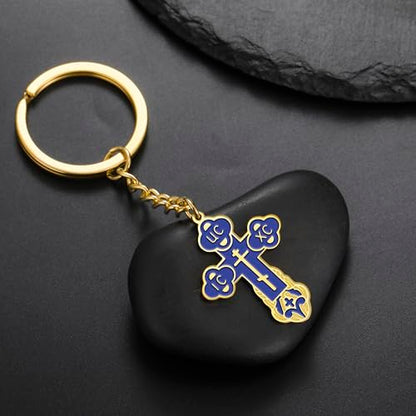 TEAMER Cross Keychain Russian Orthodox Crucifix Eastern Church Keychain Religious Christian Prayer Jewelry for Men Women - color: Blue Gold
