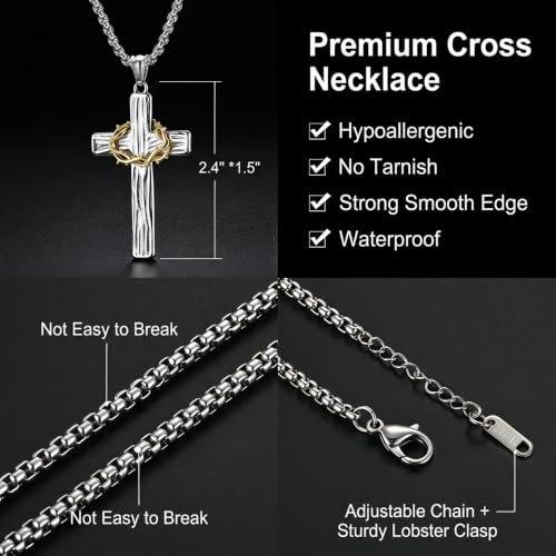 MOOSKI Cross Necklace for Men 316L Stainless Steel Crucifix Jesus 24" Chain - color: Silver-gold