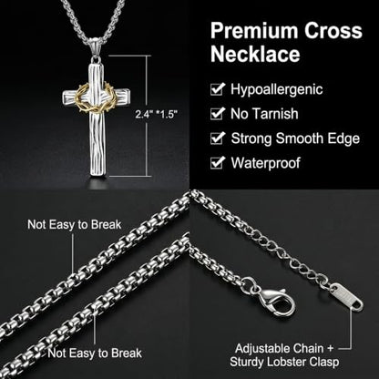 MOOSKI Cross Necklace for Men 316L Stainless Steel Crucifix Jesus 24" Chain - color: Silver-gold
