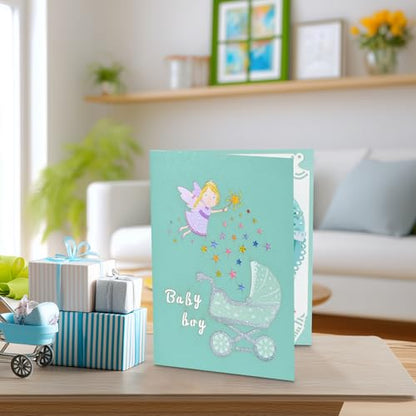 GREETING ART Welcome New Baby Boy Card, Baby Shower Card for Boy, New Baby Stroller Congratulations Cards - color: Baby Stroller Blue
