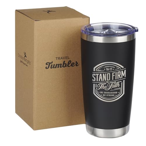 Christian Art Gifts Large Stainless Steel Inspirational Travel Mug Tumbler for Men & Women: Stand Firm Encouraging Bible Verse, Double Wall Vacuum Insulated w/Lid, Hot/Cold Beverage, Black, 18 oz. - color: Black/Stand Firm