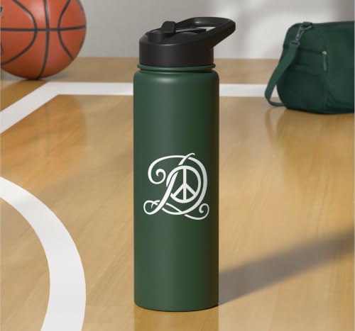 fancy Italic script Initial Letter D minimalist peace sign Stainless Steel Insulated Water Bottle - color: Dark Green
