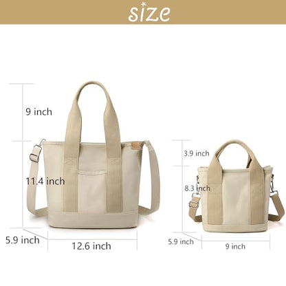 Canvas Tote Bag for Women,Small Totes Bags with Zipper Crossbody Purse with Pockets Large Shoulder Handbag,2 Sizes - color: Beige, size: Small