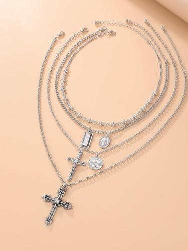 Layered Cross Necklace Set for Women Men – Multi Chain Gold Silver Cross Pendant Jewelry with Rhinestone Accents, Vintage Punk Gothic Style Jewelry Gifts - color: B: Antique Silver