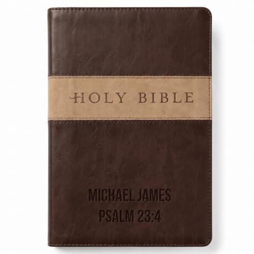 Printualist Personalized NLT Bible, Custom Engraved Name and Scripture Reference, Red Letter New Living Translation Text, Two-Tone Faux Leather Christian Gift for Church Use, Dark Brown and Tan - color: Dark Brown/Tan Tutone