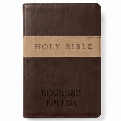 Printualist Personalized NLT Bible, Custom Engraved Name and Scripture Reference, Red Letter New Living Translation Text, Two-Tone Faux Leather Christian Gift for Church Use, Dark Brown and Tan - color: Dark Brown/Tan Tutone