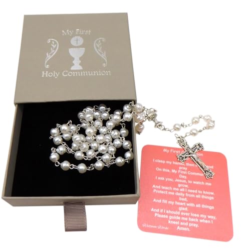 Westmon Works Girl's First Communion Rosary Glass Beads Metal Chalice and Crucifix with Holy Card Deluxe Boxed Gift Set