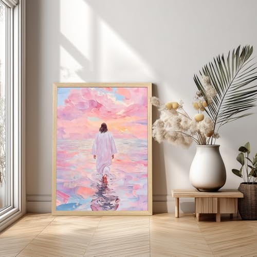 FASWQ Wood Framed Pink Jesus Walking on Water Wall Art 16x24 in - color: JesusBack(Wood), size: 24"L x 16"W