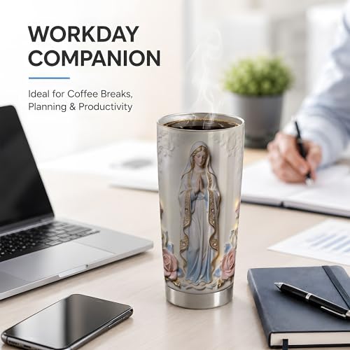 Virgin Mary White Statue Art 20oz Tumbler, Virgin Mary Tumbler for Daily Drinks, Blue Robe Rose Illustration, Catholic Devotional Cup, Religious Design for Women, Men, and Church Use (Steel) - color: Steel