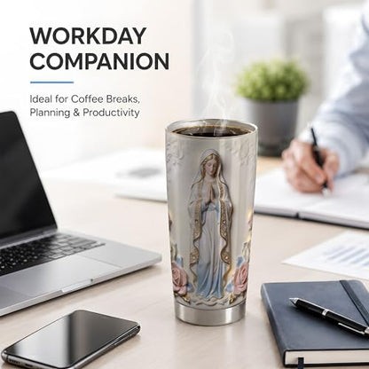Virgin Mary White Statue Art 20oz Tumbler, Virgin Mary Tumbler for Daily Drinks, Blue Robe Rose Illustration, Catholic Devotional Cup, Religious Design for Women, Men, and Church Use (Steel) - color: Steel