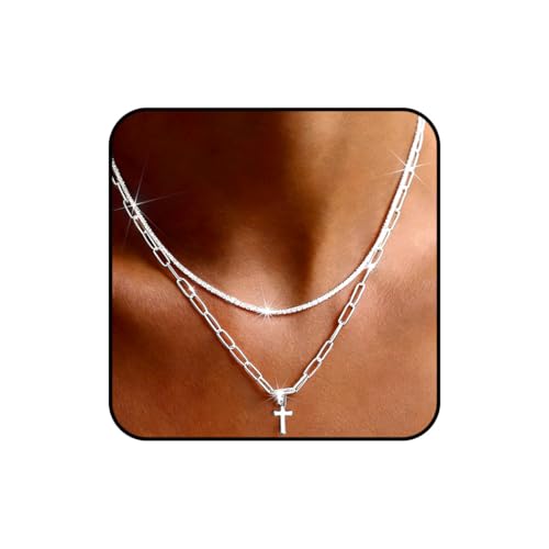 925 Sterling Silver Necklace for Women Layered Cross Paperclip Chain Necklaces Dainty Sparkle Pendant Jewelry Gifts - style: Paperclip Chain+Cross
