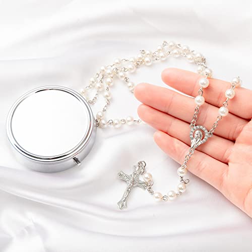 Rosary Beads Catholic - Confirmation Gifts for Teenage Girl, Silver Simple Style Metal Gift Box, White Artificial Pearls Rosary, Gifts for Women - color: 1
