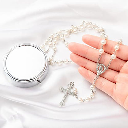 Rosary Beads Catholic - Confirmation Gifts for Teenage Girl, Silver Simple Style Metal Gift Box, White Artificial Pearls Rosary, Gifts for Women - color: 1