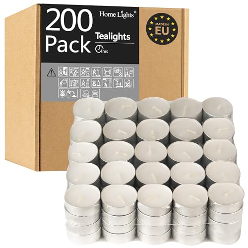 Tealight Candles - 4 Hours - Giant 100,200,300 Bulk Packs - HomeLights White Unscented European Smokeless Tea Lights for Shabbat, Weddings, Christmas, Home Decorative - 200 Pack - size: 200 Pack