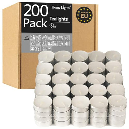 Tealight Candles - 4 Hours - Giant 100,200,300 Bulk Packs - HomeLights White Unscented European Smokeless Tea Lights for Shabbat, Weddings, Christmas, Home Decorative - 200 Pack - size: 200 Pack