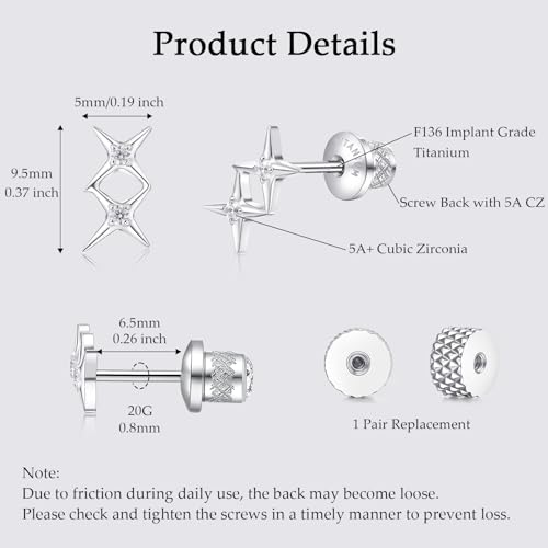 Limerencia Titanium Flat Back Screw Back Stud Earrings for Women Men - color: Silver 1