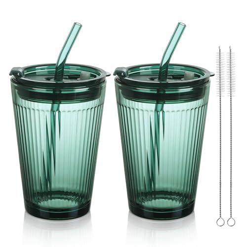 Joeyan Glass Tumbler with Straw and Lid,Green Glasses Water Cup with Straw - color: Green-1
