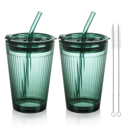 Joeyan Glass Tumbler with Straw and Lid,Green Glasses Water Cup with Straw - color: Green-1