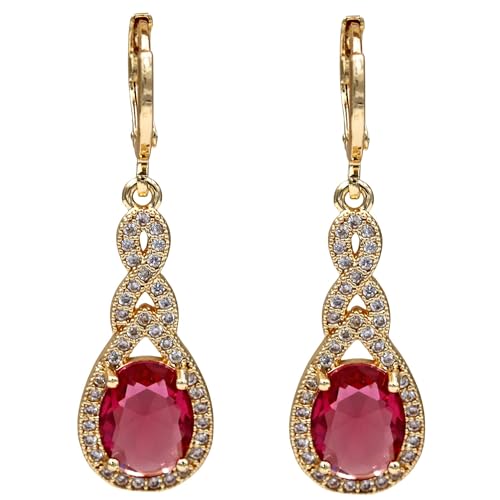 18K Gold Plated, Dangle Earrings for Women, Flower/Heart Drop earrings, Hypoallergenic Cubic Zirconia Earrings, Lightweight, Party, gold earrings, Jewelry for Gifts, Fashion - style: 0470-Red