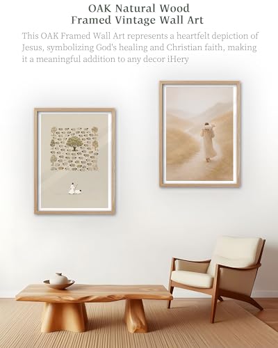 iHery 12x16in Jesus Carrying the Lost Sheep Framed Christian Wall Art - color: OAK Framed Carrying, size: 16"L x 12"W