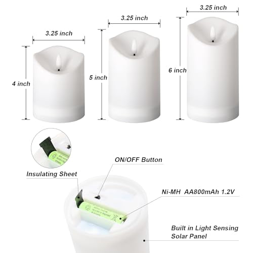 Solar Candles Outdoor Waterproof, Flameless LED Pillars Candles, Set of 3 - size: 3.25" × 4"/5"/6" (3-Pack)