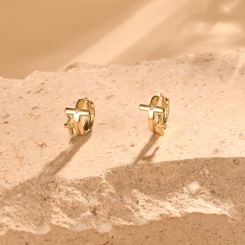 14K Gold Cross Huggie Earrings for Women Hoop Small Cross Earring - color: Tiny Gold Cross Hoop Earring