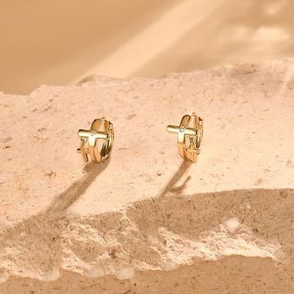 14K Gold Cross Huggie Earrings for Women Hoop Small Cross Earring - color: Tiny Gold Cross Hoop Earring