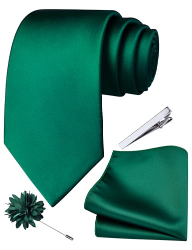 Branduce 3.15"（8cm） Mens Tie and Lapel Pin Solid Necktie Handkerchief Tie Clip Set for Men - color: Emerald Green