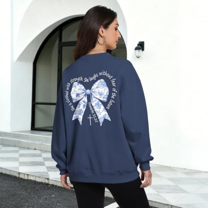 Bow Sweatshirt Christian Jesus Sweatshirts for Women Faith God Long Sleeve Shirts Bible Verse Graphic Pullover Gifts - color: Grayblue, size: Small