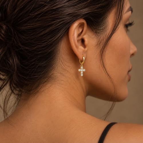Dangle Earrings for Women, Dainty Huggie Hoop Dangle Earrings - color: Cross 01 Dangle Gold