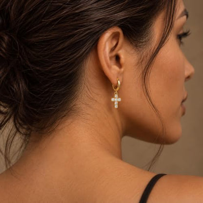 Dangle Earrings for Women, Dainty Huggie Hoop Dangle Earrings - color: Cross 01 Dangle Gold