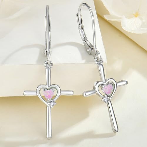 Cross Earrings 925 Sterling Silver Opal Crucifix Dangle Drop Earring Heart Birthstone Religious Jewelry for Women - color: Pink Opal