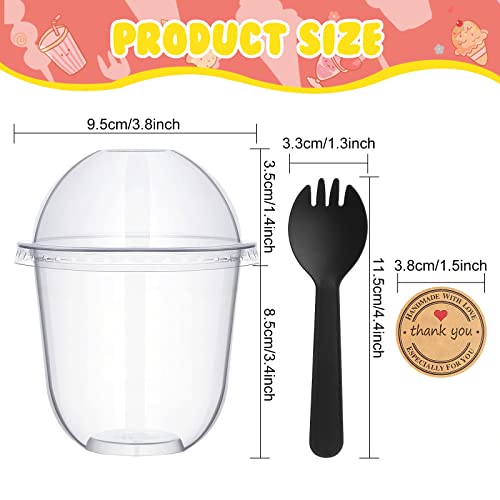 Cunhill 50 Pack Dessert Cups with Dome Lids Disposable Plastic Cups with Lids Clear Pet (No Hole), Sporks and Stickers for Plastic Fruit, Cake and Mini Snack Bowls(12 oz,Simple Cup) - size: 12 oz