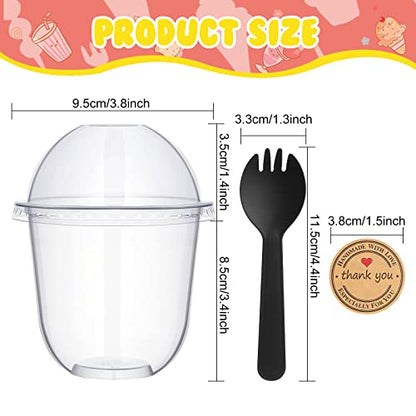 Cunhill 50 Pack Dessert Cups with Dome Lids Disposable Plastic Cups with Lids Clear Pet (No Hole), Sporks and Stickers for Plastic Fruit, Cake and Mini Snack Bowls(12 oz,Simple Cup) - size: 12 oz