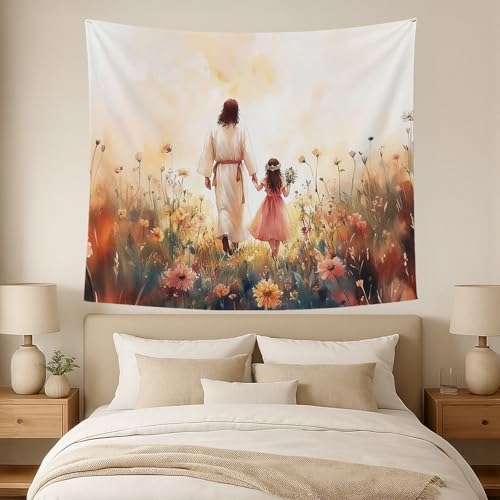 bitCNY Jesus and Girl Tapestry 60x50 Inches – Christian Tapestry for Kids Room, Gentle Faith Wall Hanging, Religious Art for Family Spaces - color: white-Jesus and Girl