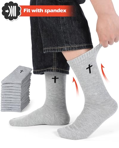 Shihanee 12 Pairs Cross Crew Socks for Men Christian Gifts - color: Light Gray