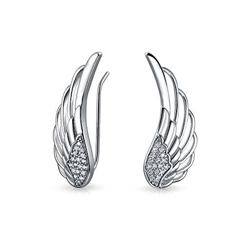 Guardian Angel Wing Ear Crawler Climber Earrings Pave CZ Sterling Silver