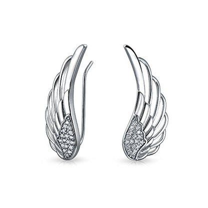 Guardian Angel Wing Ear Crawler Climber Earrings Pave CZ Sterling Silver