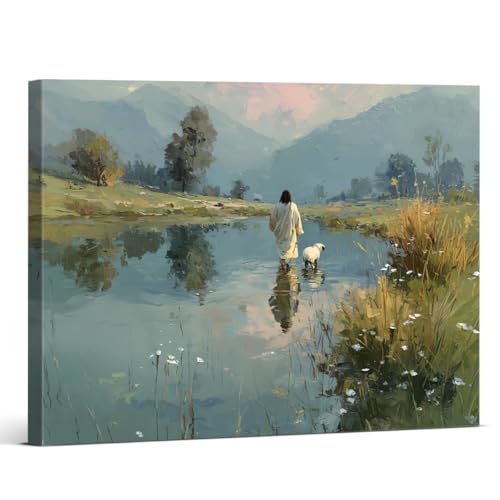 Christian Jesus Good Shepherd Wall Art Decor - Jesus and Lamb Landscape Canvas Print Picture Religious Wall Decor for Farmhouse Home Prayer Room 8x10 Inch Framed - color: color-a