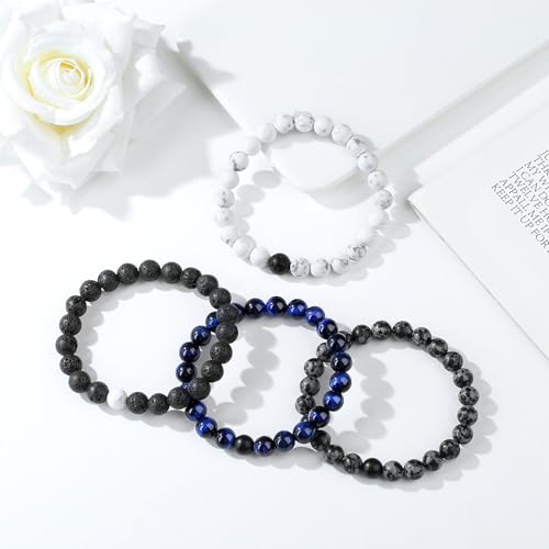 Mens Beaded Bracelets, 8MM Beaded Bracelets for Men, Natural Tiger Eye Bead Bracelet, Stretch Elastic Beads Bracelets for Men - color: 4 Snowflake Lapis Black Volcanic White